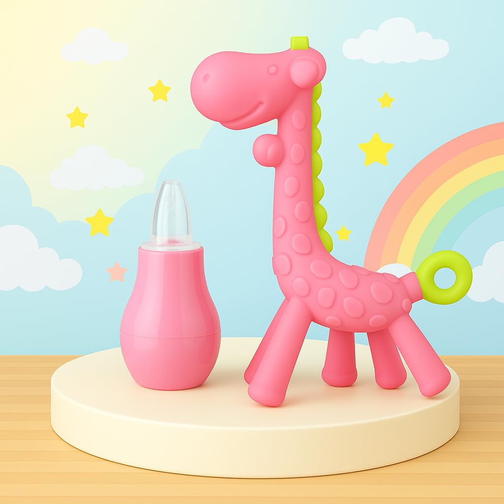 The Cheeky Kidzz Baby Nasal Nose Aspirator Vacuum Nose Suction Sucker Cleaning Squeezable Pump Tool With Soft Silicone Giraffe Shape Teething Teether (PATTERN 65, LARGE)-image-49