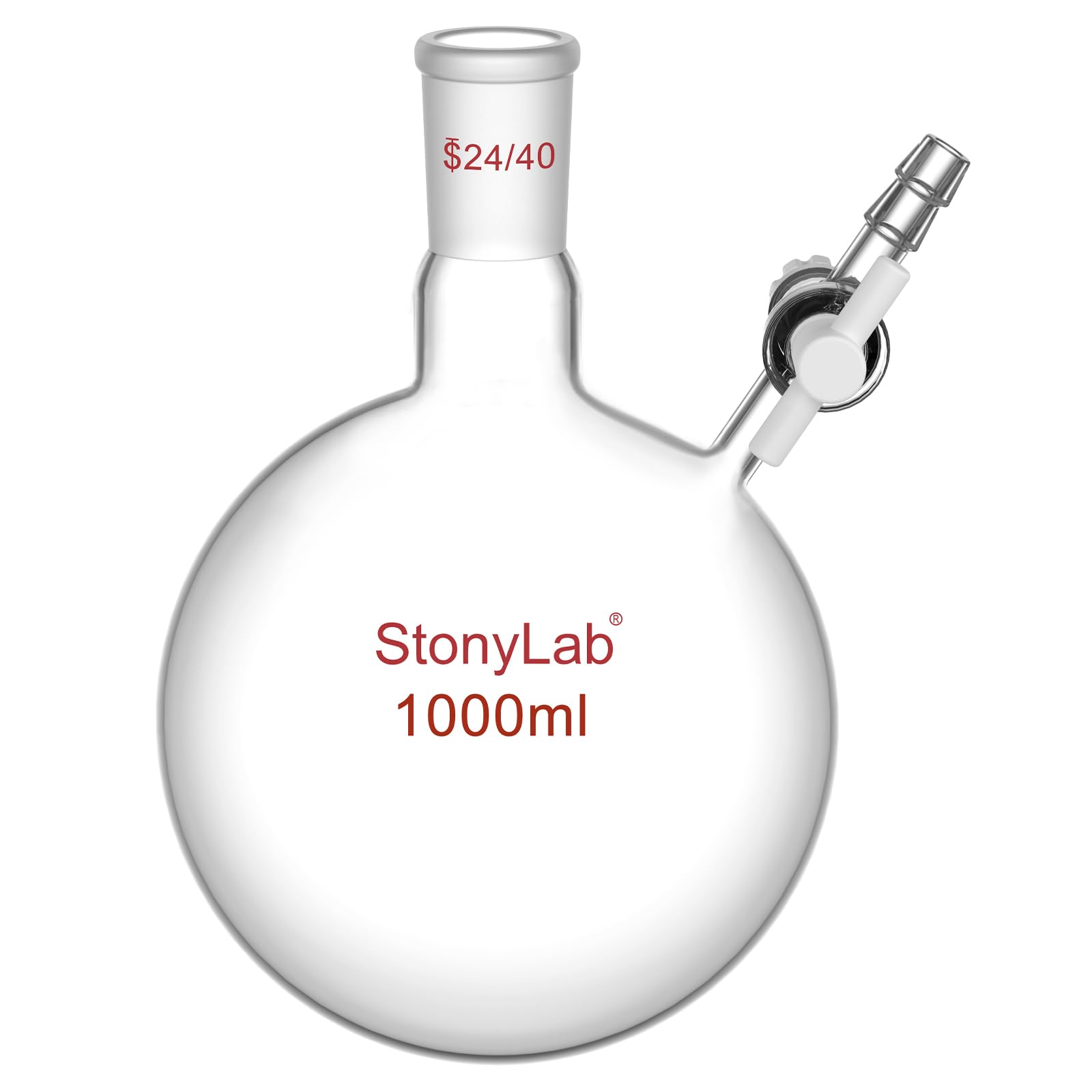 stonylab Reaktionskolben, Borosilikatglas-Einzelhals-Reaktionskolben mit 24/40-Gelenk und PTFE-Hahnventil, Rundbodenkolben, 1000 ml