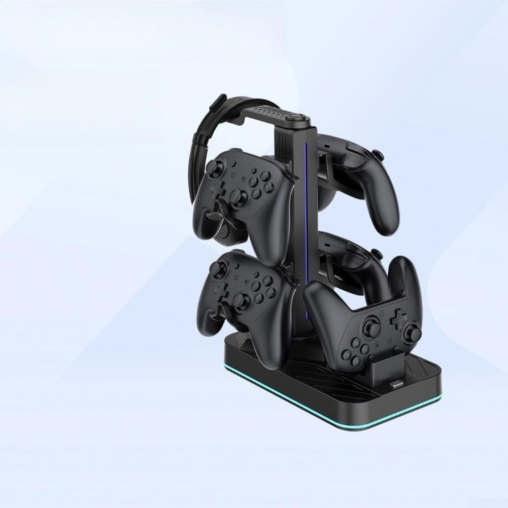 Supporto per cuffie da gioco con stazione di ricarica, supporto per controller staccabile per Switch 2 Pro, 8 modalità LED, 3 porte USB, gancio per auricolari in ABS per accessori PC