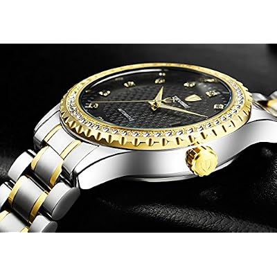 Men's Watch Diamond Inlay Automatic Mechanical Business Casual Bracelet Steel Waterproof Watch (Gold Black)