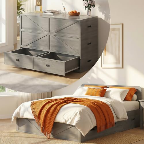 CECER 3-in-1 Queen Murphy Bed with Mattress and Storage Drawer-Grey
