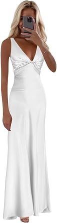 Bolodoo Satin Prom Dresses for Women Corset V Neck Long Silk Bridesmaid Dress