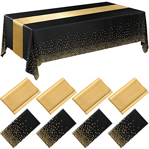 Image of Breling 8 Pack New Year Black and Gold Disposable Plastic Tablecloths and Satin Table Runner Set, 54 x 108 Inch Tablecloth, 12 x 108 Inch Table Runners for Wedding Graduation Birthday Baby Shower