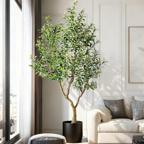 7FT Faux Olive Tree with Tall Exquisite Planter Artificial Olive Tree Tall, Potted Fake Olive Plant with 1710 Real Touch Leaves, Indoor Outdoor Home Garden Office Decor