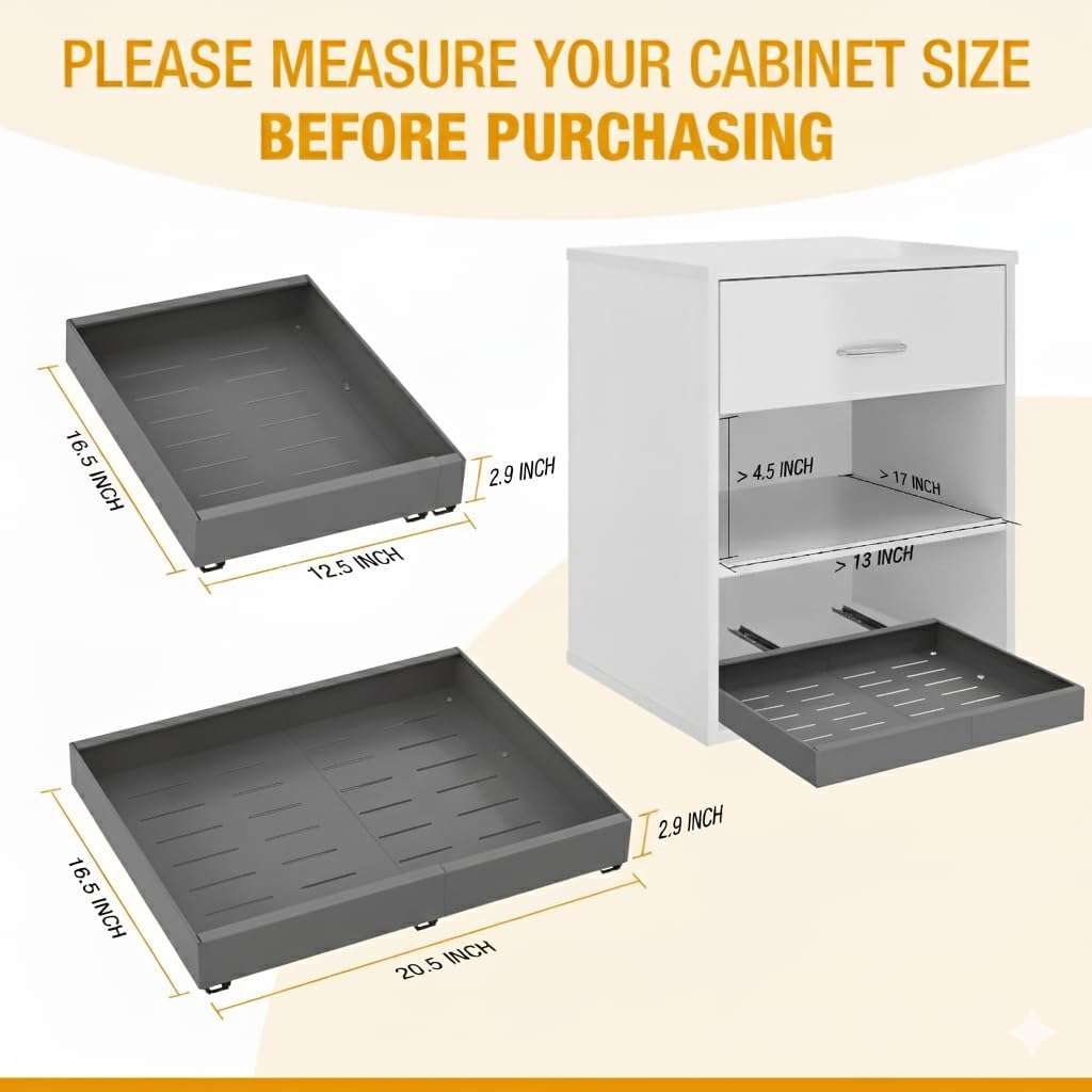 Expandable Pull Out Drawers for Cabinets (Gray): Kitchen and Pantry Organizer, Sliding Cabinet Organizer with Adhesive, Under Sink and Pots Storage, 12.5"-20.5". Adjustable Shelf Solution