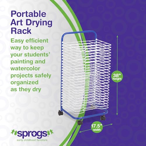 Image of Sprogs 25-Shelf Mobile Art Drying Rack for Classrooms and Art Studios, Heavy-Duty Steel Rolling Art Rack Cart with 25 Shelves, Blue /White