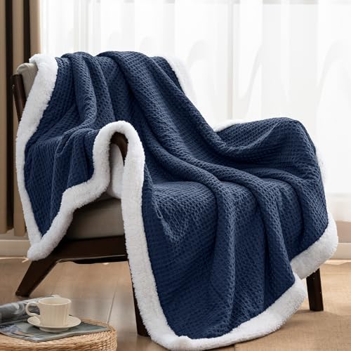 PHF Waffle Sherpa Blanket Queen Size, 90x90 Inches Luxury Plush Flannel Fleece Blanket for Winter, No Shed No Pilling, Cozy Soft & Reversible Waffle Weave Bedding for Home Decor, Navy Blue by PHF - Image 5