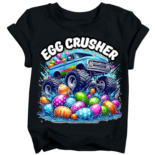 TUIVX Boys Easter Shirt Toddler Egg Crusher T-Shirts Kid Monster Truck Graphic Tee Tops 2026 Black (7-8 Years)