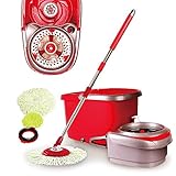 Woodsam Magic Spin Mop - 2017 UPGRADED VERSION - Design for Housewife&Senior - Easy Press Mop Bucket Set - Stainless Steel Wringer and Cushion Handle - 360° Rotation - Liquid Drain Plug