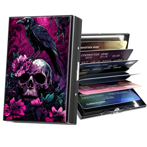 ACWDMKH Metal Wallet,Credit Card Holder for Women Men,RFID Blocking Card Holder Wallet Mini Slim Aluminum Wallet ID Case Hard Card Case Business Card Holder Case,Flower Skull Crow