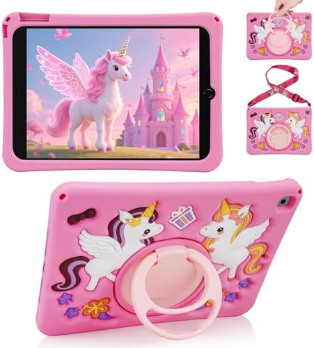 HianDier for iPad 9th Generation Case/iPad 8th Generation Case/iPad 7th Generation Case Cute Unicorn Silicone Tablet Cover with Detachable Strap and Rotatable Stand Shockproof Cover-Rose Pink