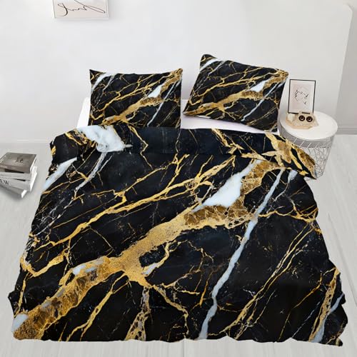 Image of XEODIAT Marble Duvet CoverMarble Comforter Cover Black and Gold Texture Bedding Set for Kids Decor Quilt Cover 3 Piece Set with Zipper Closure Soft Microfiber King Size