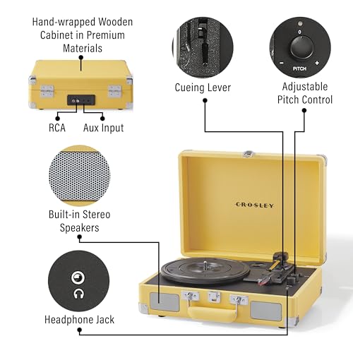 Image of Crosley CR8005F-LY Cruiser Plus Record Player, Lemon Yellow | 3-Speed Turntable, Bluetooth In / Out, Built-in Stereo Speakers, Isolated Internal Speakers Minimize Vibration