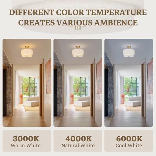 Vexagyle Semi Flush Mount Ceiling Light Fixture, 12.6" Gold, Modern Close to Ceiling Light with 2-Layer Linen Shade, Farmhouse Drum Ceiling Light for Bedroom, Living Room, Kitchen, Hallway, Entryway by Vexagyle - Image 5