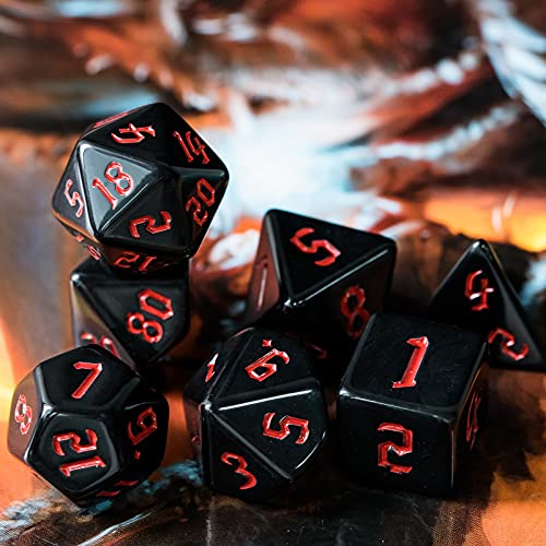 Image of 7-Die Polyhedral DND Dice Set, Black D&D Dice with Leather Pouch for Role Playing Games, Black with Red Number, D4 D6 D8 D10 D12 D20 D%