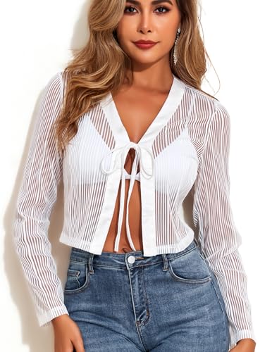 Image of YYA Sheer Striped Long Sleeve Cardigan Sexy Cover Up Shrug for Women Trendy Mesh Overlay Layering Piece S-XXL