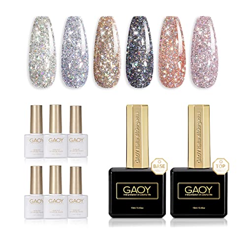 GAOY Chrome Platinum Glitter Gel Nail Polish Set and Gel Top & Base Coat Set Bundle