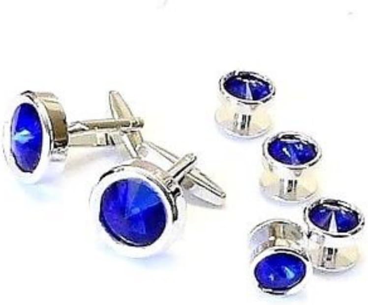 Faceted Swarovski Dark Sapphire Crystal Polished Rhodium Studs and Cufflinks