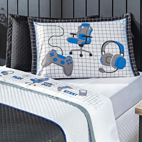 Kit Cobre Leito Colcha SOLTEIRO 05 Peças Game Streamer Dupla Face com Almofadas Estampadas - Jogo Co