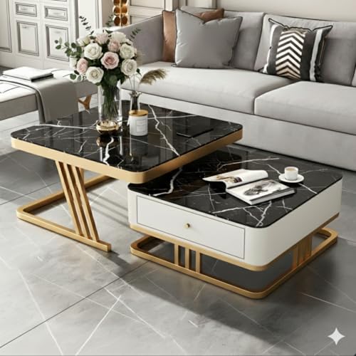 Image of Handmade Drawer Square 20 inchx20 inch Coffee Table /Nesting Table /Side Table /Center Table with Marble Finish Top for Living Room /Drawing Room (Black & Gold)
