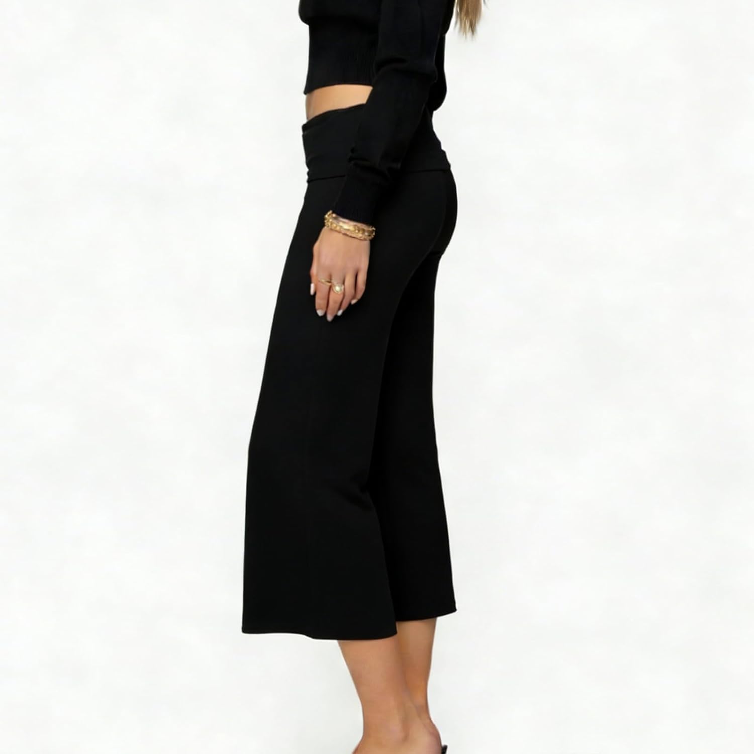 XBTCLXEBCO Womens Fold Over Capri Pants Flowy Low Rise Wide Leg Gaucho Pants Yoga Capris Comfy Palazzo Culotte Lounge Bottoms