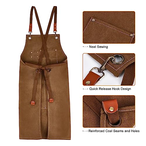 Canvas Work Aprons for Men with Pockets,Adjustable Strap and Large Pockets Apron,Kitchen Cooking Baking Chef Apron (Brown) - Image 3