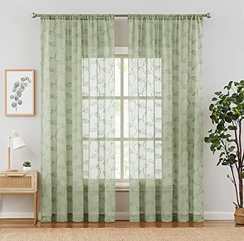 Lazzzy Sage Sheer Curtains Leaf Embroidered 63 Inch Length For Living Room Bedroom Rod Pocket Voile Window Drapes 2 Panels #TOP5