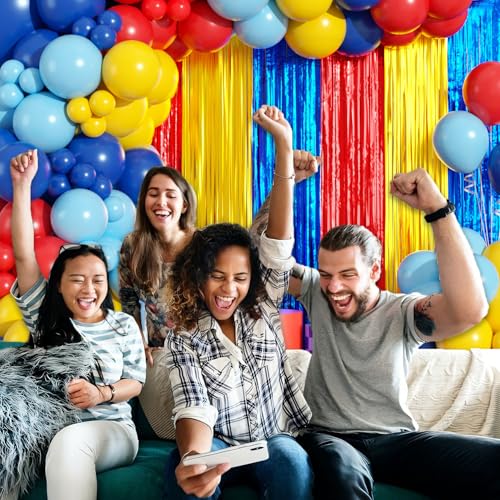 Image of Red Blue Yellow Balloon Arch Garland Kit Birthday Party Decorations, Video Game Foil Fringe Backdrop Tinsel Streamers Banner Photo Booth Props Cartoon Theme Carnival Circus Hero Party Decor Supplies