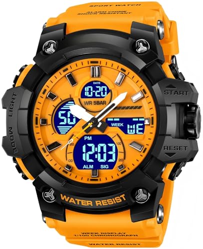 findtime Militäruhr für Herren Robuste Outdoor Digitale Analoge Sportuhren mit Doppelzeit Alarm 12/24H Datum Woche Anzeige Stoppuhr Gelb