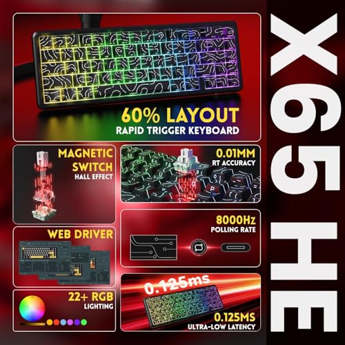 Image of ATTACK SHARK X65 HE Wired Rapid Trigger Magnetic Switch 65% Mechanical Gaming Keyboard, Hall Effect Top Mount RGB Hot Swap,Adjustable Actuation,8KHZ Polling Rate,PBT Keycaps for Win /Mac(Black Contour)