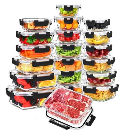 La Mejor Selección de Contenedores de Alimentos - 5 favoritos. 47 Juego de Recipientes de Vidrio Herméticos, MCSWSEE Contenedores de Vidrio, Botes Herméticos para Cocina, Almacenamiento de Alimentos Con Tapa Hermética, Sin BPA (JUEGO 20...