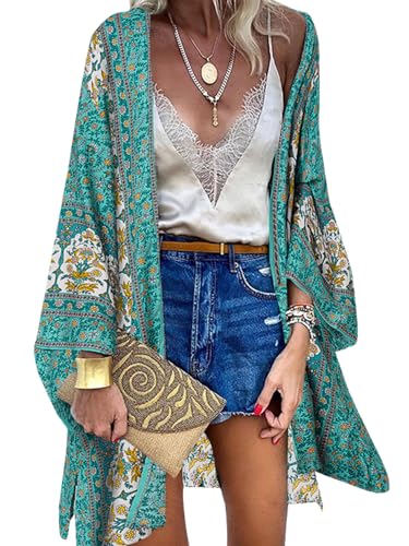 ZANZEA Damen Blumendruck Kimono Strickjacke Boho Strandkleid Pareos Poncho Sommer Strand Bikini Cover Up Boho-Grün XL