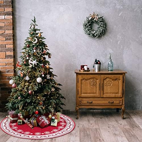 Decpro Christmas Tree Skirt - 48 Inches Large Thick Knitting Ornament Snow Flowers Elk Red Xmas Tree Skirt for Christmas Indoor Outdoor Holiday Party Home Tree Decorations Pack of 1