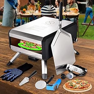 AOSION-Outdoor Gas Pizza Oven, Rotating Propane Pizza Grill Oven for Exterior Backyard Pizza Maker with 14″ Pizza stone, Portable Pizza Ovens for Outside with Pizza Peel,Pia,Cutter,Gloves and thermometer.