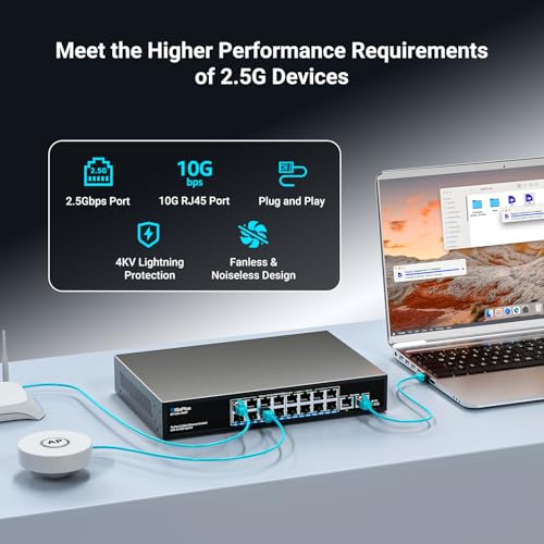 Image of 18 Ports 10Gb Unmanaged Ethernet Switch with 16*2.5G Base-T Ports, 2*10G RJ45 Ports. 120Gbps Switching Capacity, GiGaPlus 10Gbps Network Switch for 2.5G /10Gbps NAS /PC, WiFi6 Router, Wireless AP