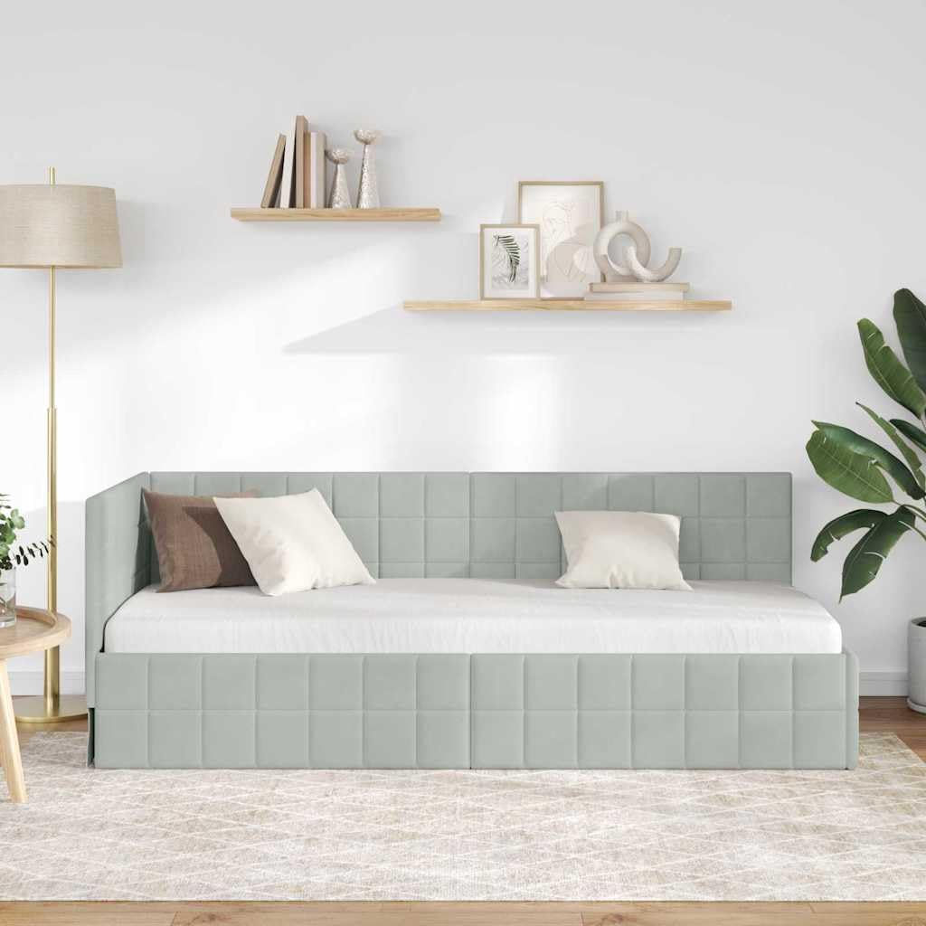 Estructura de cama esquinera gris claro con cabecero de 80 x 200 cm terciopelo en forma de L tapizada con somier para dormitorio, invitados, habitación juvenil, diseño que ahorra espacio