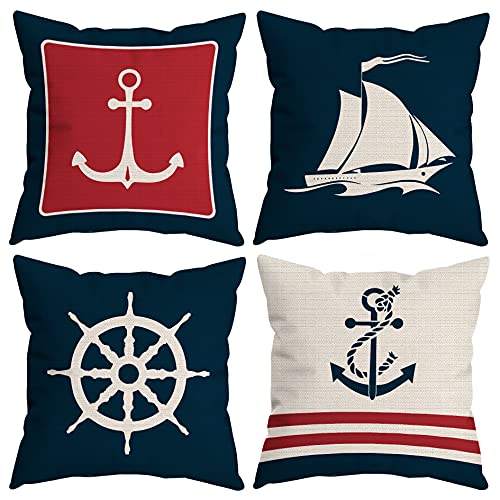 Huyaw Navy Blue Nautical Ocean Boat Anchor Throw Pillow Covers, Ship Nautical Gifts, Boat Pillow Cases 18 X 18 Inch Home Ship Sofa Decor Set Of 4 #TOP13