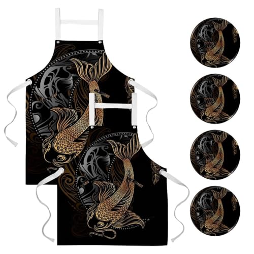 Tablier de cuisine carpe koï lot de 2 avec poches pour restaurant et pâtisserie