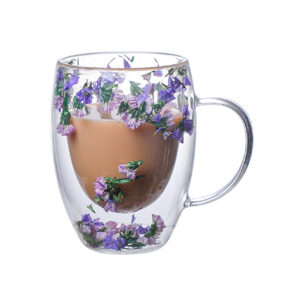 Flower Glass Double Wall Glass 10oz Coffee Cups with Handle Tea Cups Beverage Glasses Tea Mug Milk Mug a riot of colour Novelty Aesthetic Heat Resistant (Purple Pink)