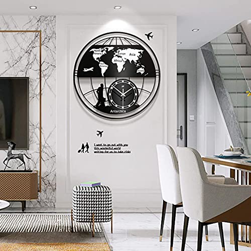 WXHN Orologio da Parete Mondiale Orologio da Parete con Mappa del Mondo Soggiorno Orologio da Parete Moderno in Metallo Grande con Mappa del Mondo in MDF Movimento Silenzioso Nero 50x50cm