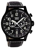 Wasserdicht 50M Davis - Herren Fliegeruhr Chronograph Wasserdicht 50M Datum Lederarmband (Schwarz Gehäuse/Lederarmband Schwarz)