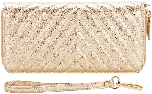 B BRENTANO Vegan Leather Double Zipper Pocket Wallet with Grip Hand Strap (GOLD GLITTER)2