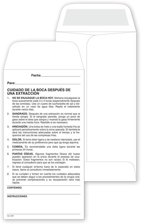 Envelope Post Operative Instruction Dental Spanish 3 1/2 x 6 1/2" QTY 500 Envelopes