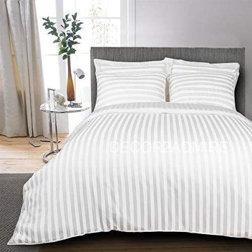 DECOR2ADMIRE 300TC Cotton Plain Stripe Queen Size Double Bedsheet for Double Bed with Two Pillow Covers (Queen, White) (90 * 100 Inches)