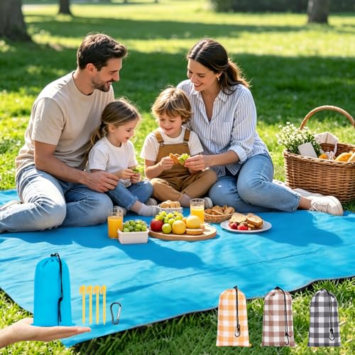 Fammart Pocket Picnic Blanket Sandproof Waterproof Portable Lightweight Camping Tarp Quick Dry Foldable Compact Beach Mat with Corner Pockets & Stakes for Festivals Hiking Outdoor Essentials