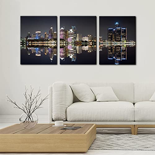 3 Pieces Panoramic Detroit Cityscape Picture Black And White Michigan Night Skyline Canvas Art Prints Wall Decoration For Bedroom Office Stretched And Framed Ready To Hang - 12" X 16" X 3 #TOP1