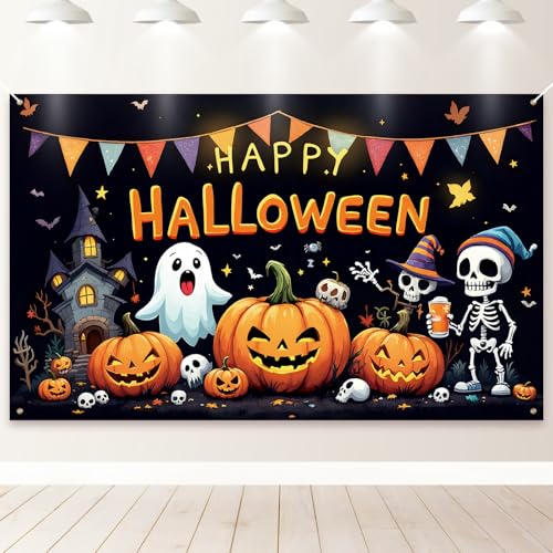 PartyYaa Halloween Banner Decorations, Halloween Party Ornament Extra Large Background Photo Booth, Pumpkin & Ghost Backdrop Banner for Indoor Outdoor (Black)