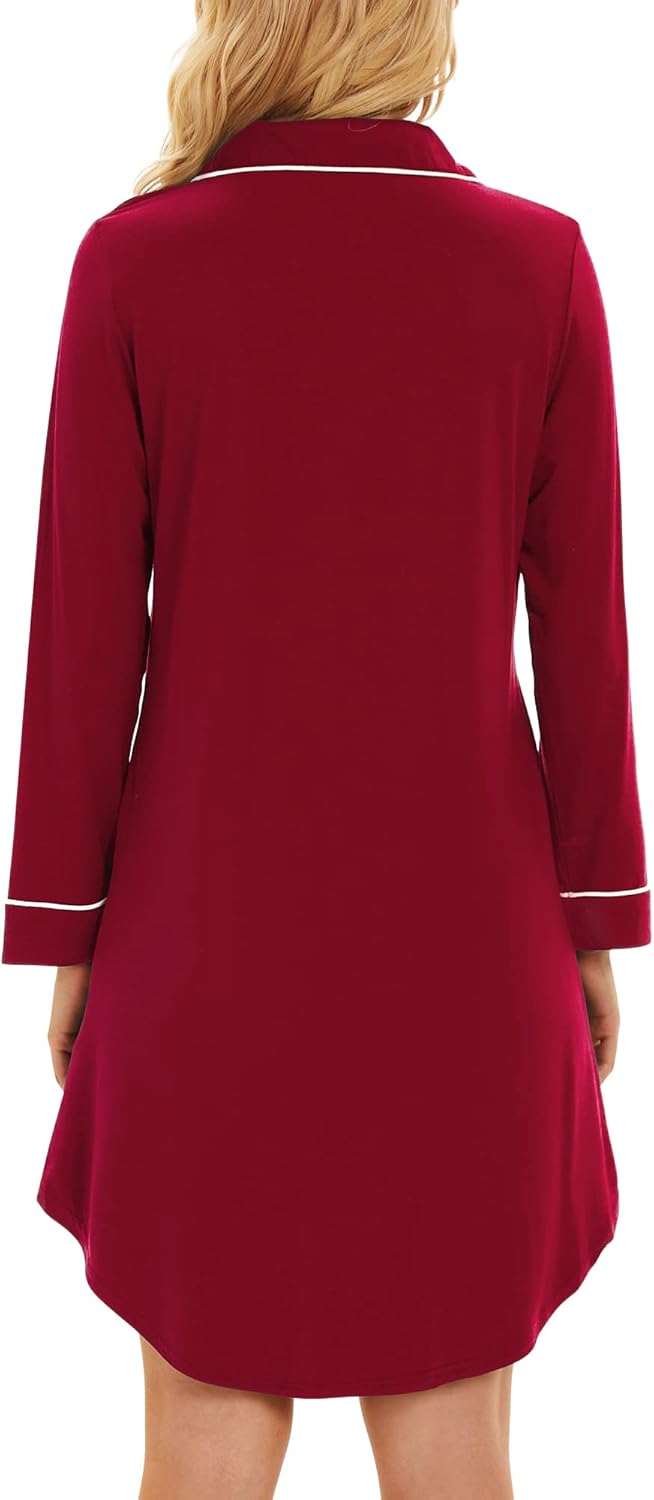 WiWi Super Soft Cooling Nightgowns for Women Bamboo Viscose Long Sleeve Sleep Shirt Button Down Boyfriend Sleepwear S-XXL - Image 2