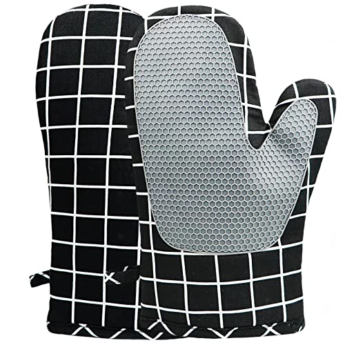 Win Change Oven Mitts and Potholders BBQ Gloves-Oven Mitts and Pot Holders with Recycled Infill Silicone Non-Slip Cooking Gloves for Cooking Baking Grilling (2-Piece Set) (Black Plaid)