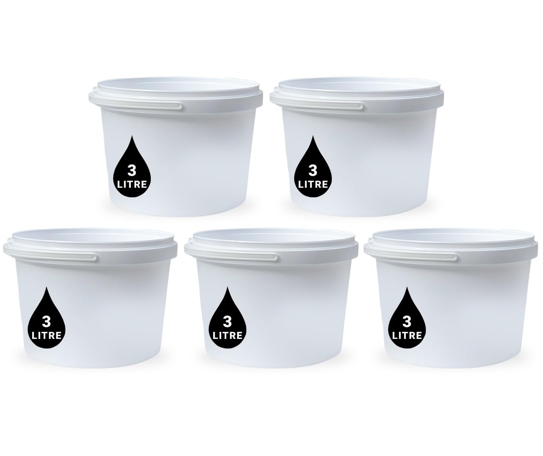 5 x 3L Plastic Bucket Pail + Handle & Lid - Heavy Duty ¦ Food Grade BPA Free ¦ Multi-use Fermentation Feed Dry Food Liquid Chemicals Hydroponics Storage Container WHITE — image 1